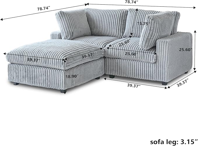 JACH 78.74" Love Seat Sectional Couches, Convertable Modular Sofa with Chaise Ottoman, Modern Deep Seat Couch, Sofa Covers Washable, Minimalist Plush Sofas for Living Room, Apartment, Light Grey