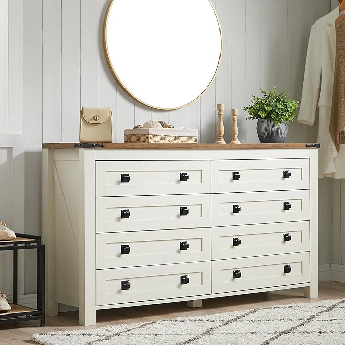 RedLemon Farmhouse 8 Drawer Dresser for Bedroom, 54 Inch Wide Rustic Wood Dresser TV Stand, Dresser Chest of Drawers for Closet, Living Room, Hallway, Antique White