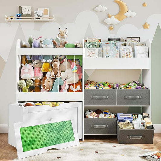 Toy Storage Organizer with Stuffed Animal Storage - Kids Bookshelf with 4 Removable Bins and 1 Movable Toy Storage Bin, 3-Tier Bookshelf with Building Block Play Table for Kids Room Playroom (White)