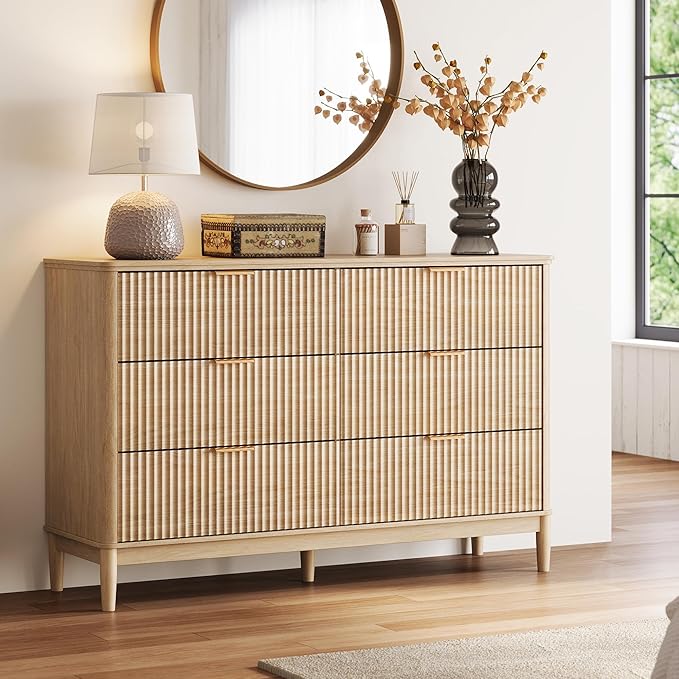 LINSY 6 Drawer Double Dresser for Bedroom, Modern Fluted Wood Chest of Drawers with Gold Metal Handles, Wide Storage Dresser TV Stand for Bedroom, Living Room, Entryway, Oak