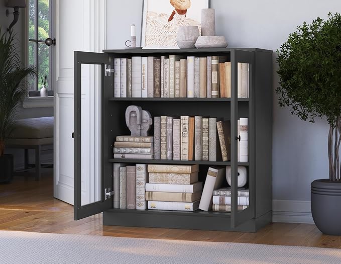 Palace Imports Solid Wood Bookcase - Floor Standing Bookshelf - 32” W - Display Furniture, Renewable 100% Eco-Friendly Wood, Made in Brazil (Gray, Clear Glass Doors | 3-Shelf Short Bookcase)