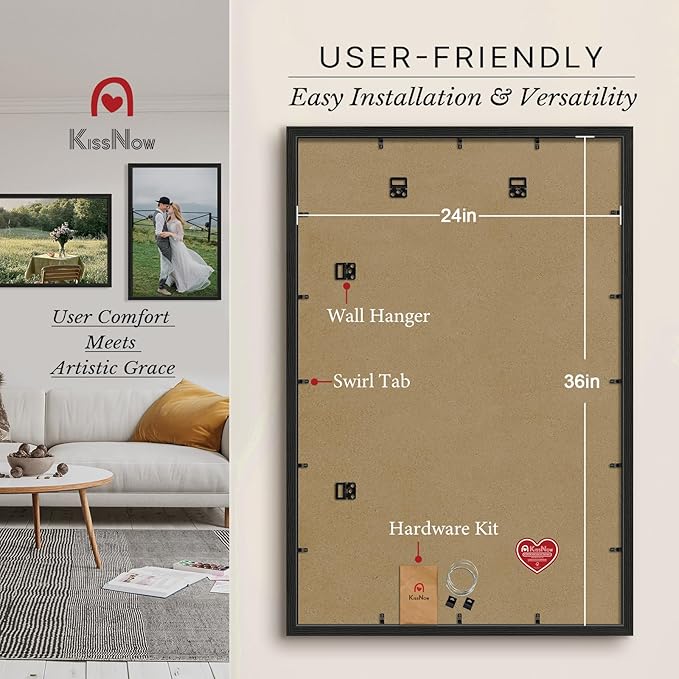 24x36 Poster Frame 4 Pack, Textured Black Solid Wood Picture Frame, Wall Hanging