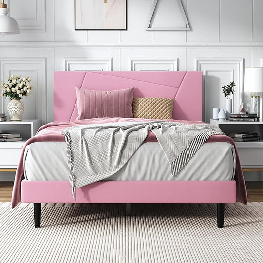 Full Size Bed Frame, Full Platform Bed Frame with Velvet Upholstered Headboard, Geometric, Sturdy Frame and Wooden Slats, Noiseless, No Box Spring Required, Easy to Assemble，Pink