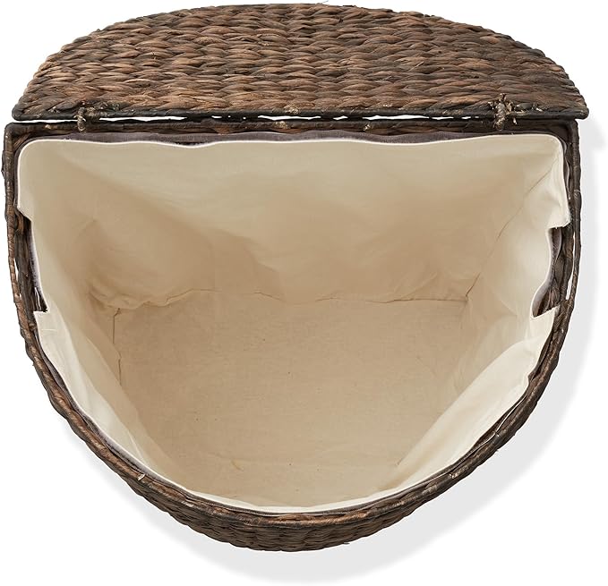 Casafield Half Moon Laundry Hamper with Lid and Removable Liner Bag - Espresso, Woven Water Hyacinth Laundry Basket for Clothes and Towels