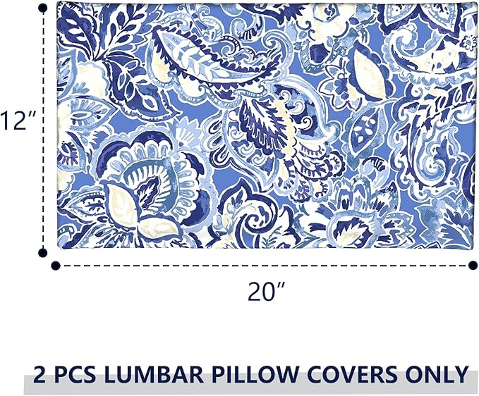 Outdoor Lumbar Pillow Covers 12”x20”, Rectangle Throw Pillow Covers for Patio Furniture, Decorative Lumbar Cushion Case for Garden Balcony Couch Office Chair, Pack of 2,Floral Bluish Violet