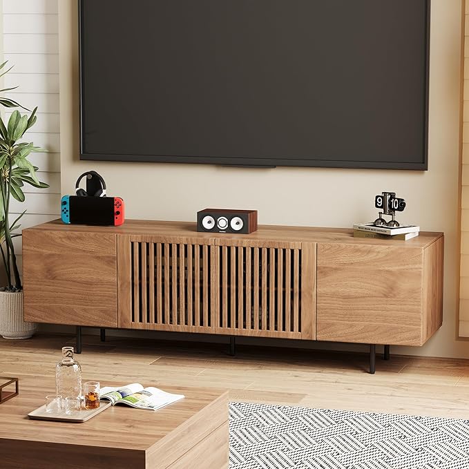 70.87″ Mid Century Modern Walnut TV Stand with Grille Doors, Storage Cabinets,Entertainment Center for TVs Up to 80",Media Console for Living Room or Bedroom