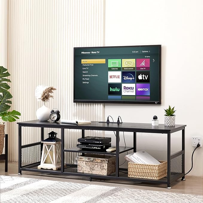 VECELO TV Stand with Power Outlets for Televisions up to 65Inch, 55" Media Entertainment Center with Charging Station 3-Tier Open Storage Shelves with Metal Frame for Living Room/Bedroom，Black