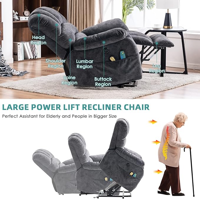 MEETWARM Large Power Lift Electric Recliner Chair with Massage and Heat, Overstuffed Wide Recliner for Elderly Big People, Plush Fabric Recliners with USB Ports, 2 Remote Controls, Side Pockets（Gray）