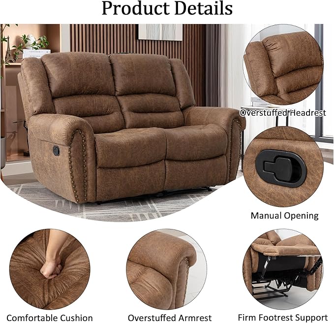 CANMOV Faux Leather Manual Recliner Sofa Set,Manual Reclining Sofa and Recliner Loveseat with Overstuffed Armrest for Living Room,Bedroom Furniture,Office,Nut Brown
