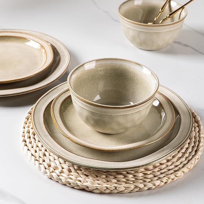 AmorArc Ceramic Dinnerware Sets,Stoneware Handmade Reactive Glaze Plates and Bowls Sets,Chip and Crack Resistant | Dishwasher & Microwave Safe,Dishes Set Service for 4 (12pc)