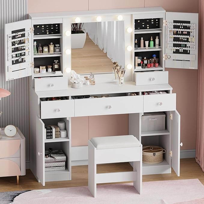 wanan White Vanity with Jewelry Storage, Big Makeup Vanity Desk with Mirror and Lights, 5 Drawers and 4 Cabinets, 45.3'' Large Vanity Set for Bedroom