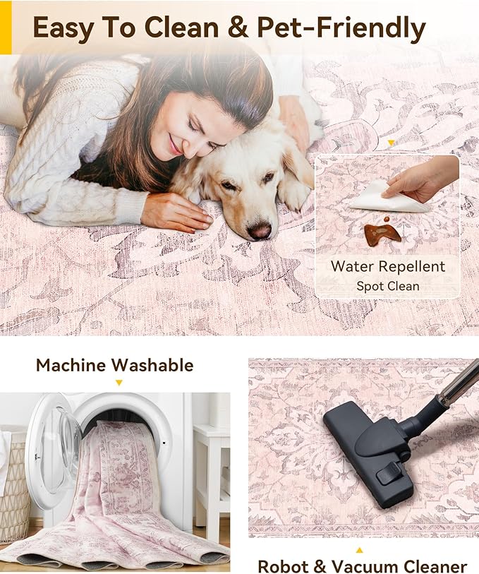 Area Rugs 8'x10' Washable Non-Slip, Floral Vintage Distress Print Pattern Medallion Carpet for Living Room Bedroom Dining Room, Pink Greypink Cute