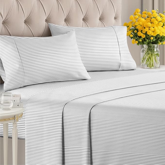 Striped Sheets - Black & White Striped Sheets - 1 Flat & 1 Fitted & 2 Pillowcases w/ Deep Pockets – Wrinkle & Fade Free - Soft, Breathable and Cooling – Luxury Pinstripe Bedding - Full Size Bed Set
