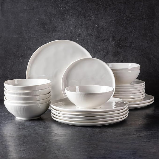 LERATIO Ceramic Dinnerware Sets for 8,Porcelain Plates and Bowls Sets with Wavy Edge,Microwave & Dishwasher & Oven Safe,Light Weight & Scratch Resistant Dishes Sets-Service for 8 (24pcs)-White
