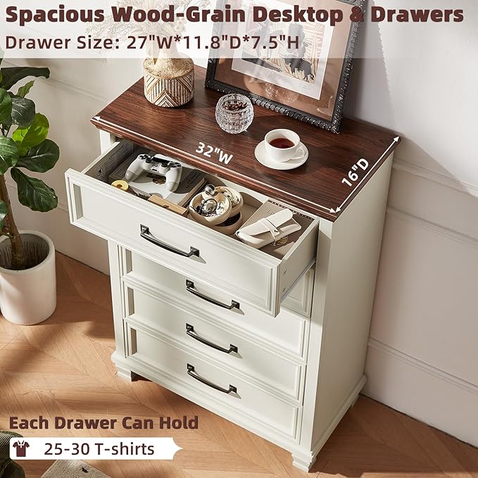 Farmhouse 5 Drawer Dresser for Bedroom, 45” Tall Dresser for Closet, Rustic Wooden Chests of Drawer for Bedroom, Hallway, Entryway, White