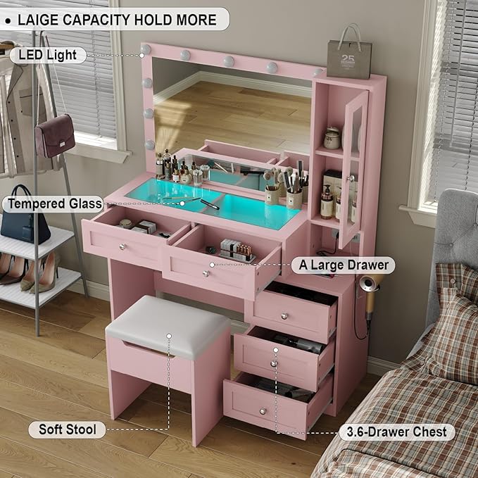 Pink Vanity Desk with Illuminated Mirror & Power Outlet,Vanity with RGB Light Strip and 12 LED Lights,Vanity Table with Chair,Set 3 Lighting Modes Brightness Adjustable