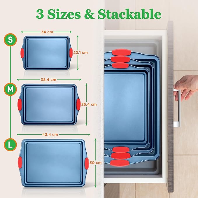 NutriChef 3-Piece Nonstick Cookie Sheets for Baking - Premium Carbon Steel Baking Trays w/ Non-Stick Smooth Coating & Silicone Handles - Large, Medium, & Small Bakeware - Blue
