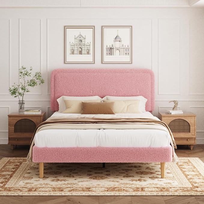 Queen Size Boucle Platform Bed Frame, Anti-Collision Soft Rounded Corners, Adjustable Headboard, No Box Spring Needed, Easy Assembly, Noise Free, Pink