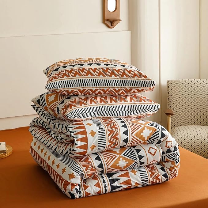 Luxlovery Boho Aztec Comforter Set Queen Orange Geometric Bedding Comforter Set Beige Black Colorful Farmhouse Blanket Quilts Soft Rustic 3PCS Comforter Set Queen Size