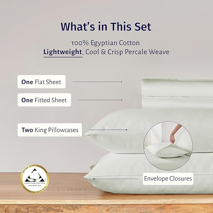 California Design Den California King Sheets Deep Pockets Set - Certified 100% Egyptian Cotton Sheets Set, Crisp Percale, Cool & Durable Luxury Bedding - Ivory