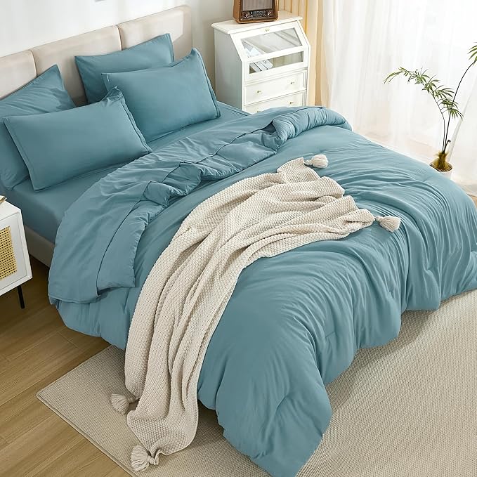 Litanika Super King Comforter Sets Grayish Teal - 7 Pieces Bed in a Bag Oversized King Bedding Comforter Sets, Solid Lightweight Bed Set with Comforter, Sheets, Pillowcases & Shams