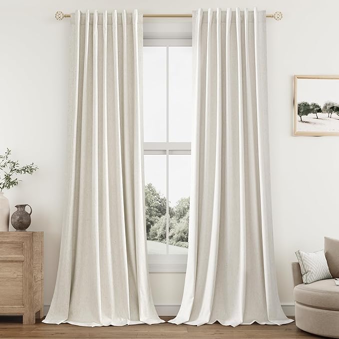 Cream Linen Blackout Curtains 95 Inch Length 2 Panels Set for Living Room Bedroom Back Tab Thermal Insulated 100% Black Out Linen Drapes Room Darkening Window Curtains 95 Inches Long Ivory Natural