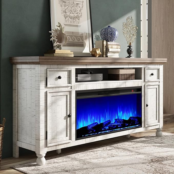 AMERLIFE 70” Fireplace TV Stand for TVs up to 75”, Solid Wood Entertainment Center with 36”Electric Fireplace Insert, Farmhouse Media Console with Storage, Distressed White