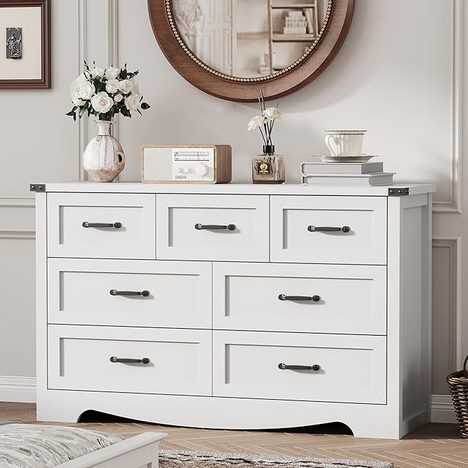 Dresser for Bedroom with 7 Drawers, 48" Wide Modern Chest of Drawers with Deep Drawers & Mental Handle, Wood Dresser TV Stand, Wooden Closet Storage Organizer for Living Room, Hallway, Entryway, White