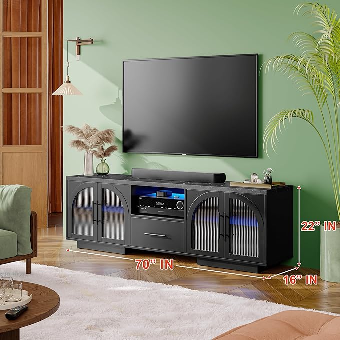 70" TV Stand for 80 Inch TVs, Entertainment Center with LED Lights and Arched Glass Doors, Faux Marble Wood Finish, Adjustable Shelves, Modern TV Cabinet for Living Room, Black