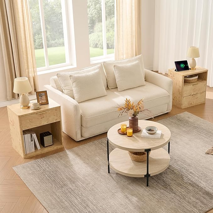 Round Boho Wood Coffee Table - 29.1" Farmhouse Natural Circle Wooden 2-Tier Coffee Tables Living Room Furniture, 29.1" D x 18.3" H, Warm Stone