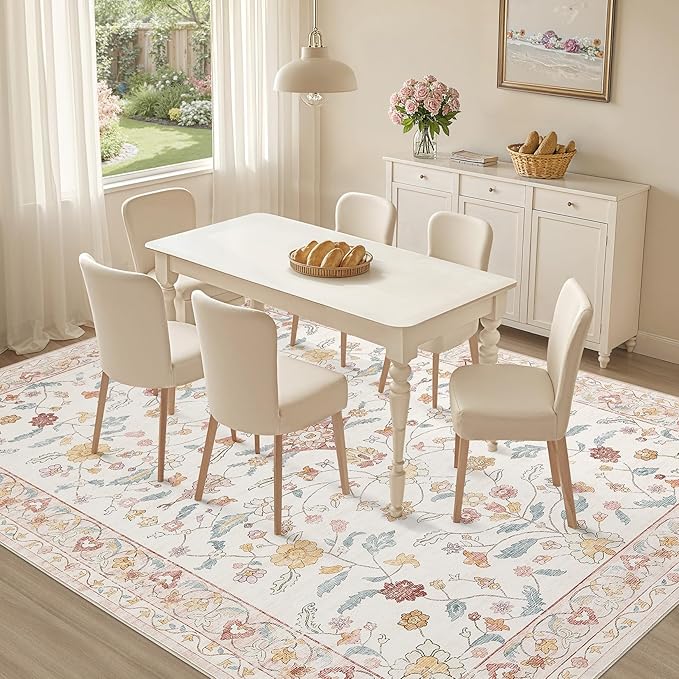 Nursery Rug 8x10 for Kids & Girls - Washable Vintage Large Floral Pink Area Rugs - Ultra Thin Stain Resistant Non Slip Carpets for Kids Playroom, Living Room, Bedroom, Dining Room, Office - Pink