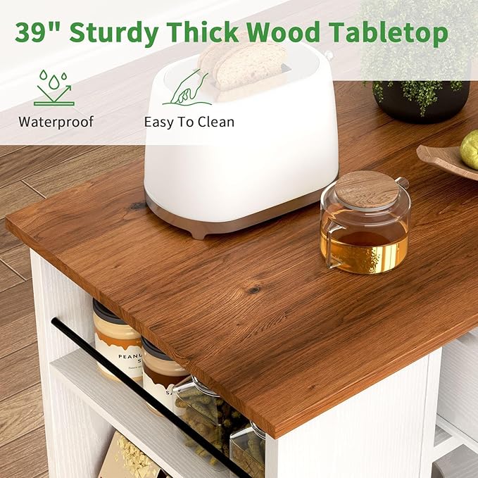 4 EVER WINNER Kitchen Island on Wheels, Kitchen Island Cart with Spice Rack & Towel Rack, Storage Cabinet & Drawer, Farmhouse Coffee Bar with Open Shelves for Dining Room,White