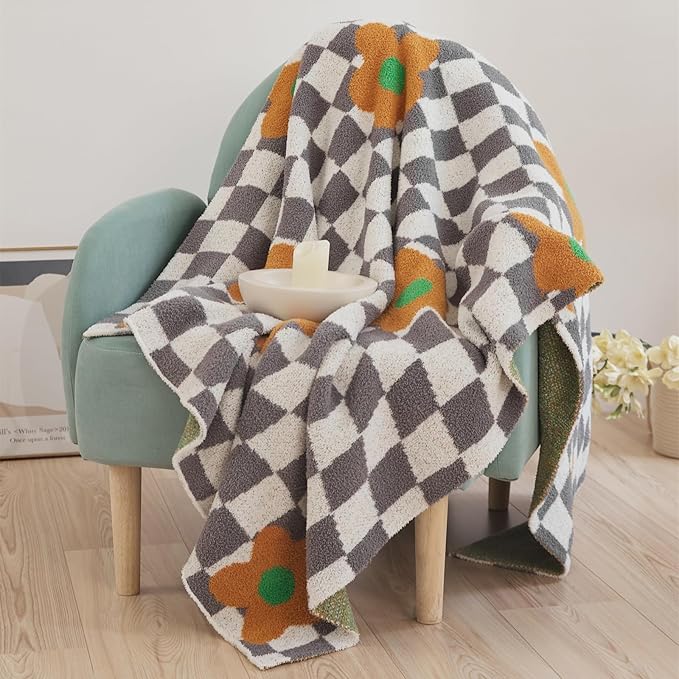 YIRUIO Checkered Throw Blankets Checkerboard Chessboard Warmer Comfort Super Soft Shaggy Cozy Decor for Home Bed Couch (Orange Floral, 51''x63'')