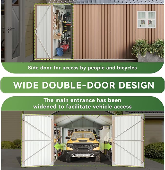 Aoxun 12x20x9.3 FT Shed Outdoor Metal Garage Shed 1700 CUFT Extra Large Storage Shed for Vehicles & Sundries 11" Snow Load Double-Door All-Weather Garden Shed (Brown)