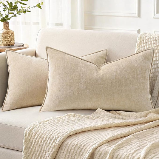 decorUhome Couch Throw Pillow Covers 12x20 Set of 2, Decorative Soft Euro Neutral Chenille Lumbar Pillow Covers with Elegant Design for Sofa Bed Living Room Home Decor, Beige