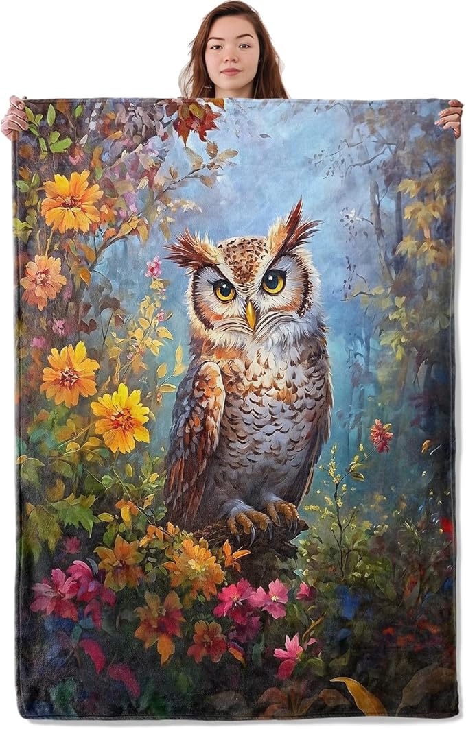 Owl & Floral Blanket, Soft Cozy Warm Throw Blanket Gifts for Adults Kids Women, Lightweight Comfy Fuzzy Flannel Blankets for Couch, Travel, Car, Home Decor 50×40 Inch