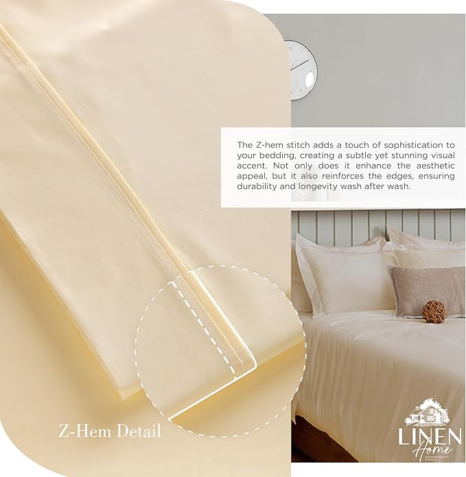 Linen Home 100% Cotton Percale Sheets Full Size, Ivory, Deep Pocket, 4 Pieces Set - 1 Flat, 1 Deep Pocket Fitted Sheet and 2 Pillowcases, Crisp Cool and Strong Bed Linen