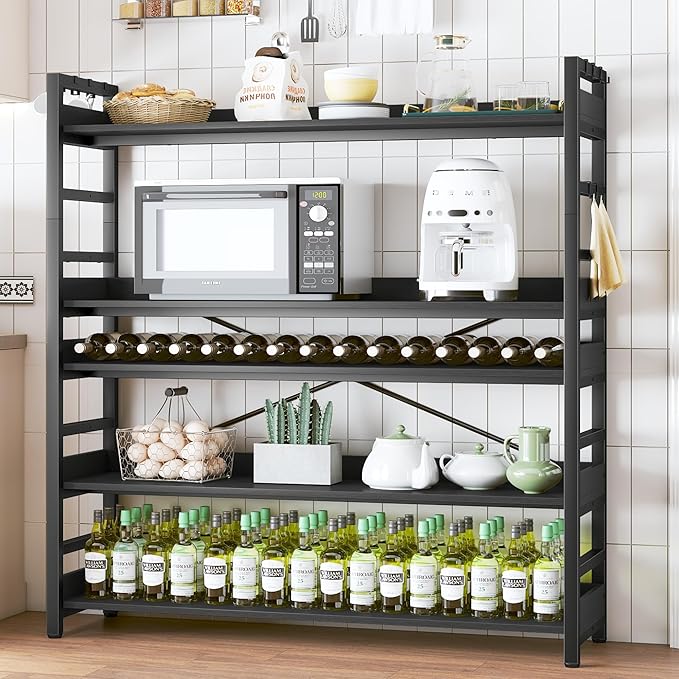 HCHQHS 5 Tier Bookshelf, Adjustable Industrial Bookcase, Vertical Tall Book Shelf, Wood and Black Metal Open Bookshelves for Home Office, Living Room, Bedroom