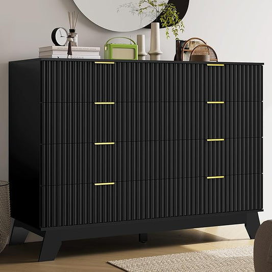 Fluted Dresser for Bedroom, 8 Drawer Dressers & Chest of Drawers, Mid Century Modern Dresser for Closet Boho Bedroom Furniture, Black Wood Chest of Drawers Storage Organizer for Living Room, Black