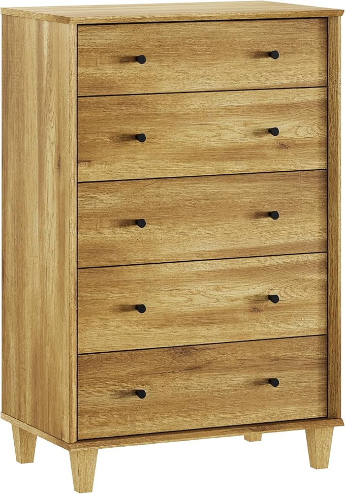 5 Drawer Dresser for Bedroom, Tall Modern Chest of Drawers, Beveled Profile Design, Wood Drawer Organizer for Bedroom, Living Room, Hallway and Entryway,Oak