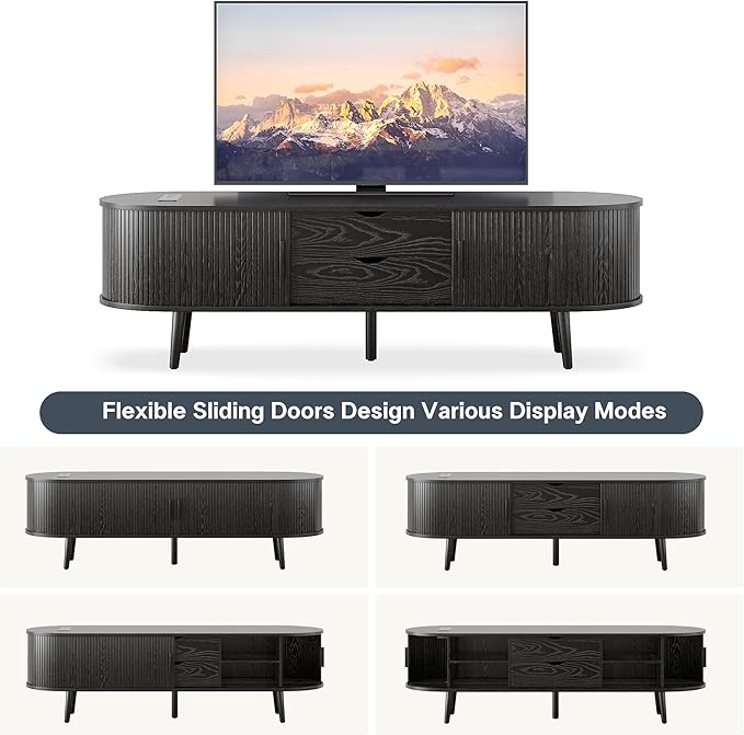 Alohappy 59" Mid Century Modern TV Stand with Charging Station, Curved Edge Fluted TV Console Table with Drawer and Shelf, Farmhouse Media Entertainment Center for Living Room, Bedroom, Black