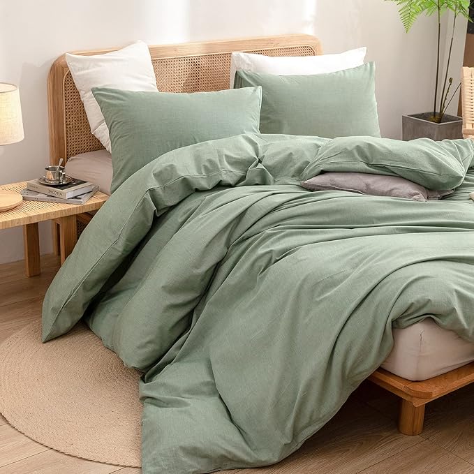BESTOUCH Duvet Cover Set 100% Washed Cotton Linen Feel Super Soft Comfortable Chic Lightweight 3 PCs Home Bedding Set Solid Green Oversized Queen