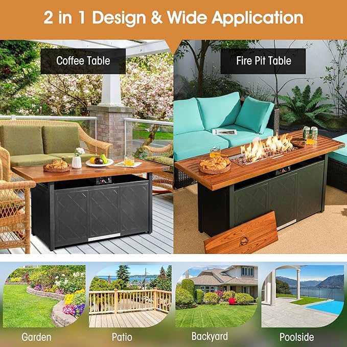 ORALNER Propane Fire Pit Table, 57” Rectangular Outdoor Fire Table 50,000 BTU Fire Pit w/Lid & Lava Rocks Auto Ignition Metal Patio Fireplace, Gas Firepit Table for Outside Yard Balcony Deck, Brown