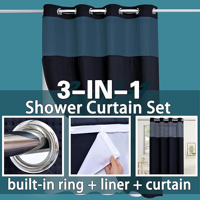 Conbo Mio Stall No Hook Waffle Weave Shower Curtain with Snap in Liner Set, Hotel Luxury Black Shower Curtains for Bathroom with See Through Top Window, Waterproof, Washable 54W x 74H