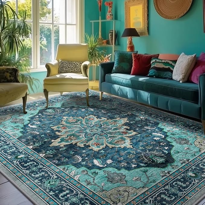 Area Rugs 5'x7' Washable Non-Slip, Floral Vintage Distress Print Pattern Medallion Carpet for Living Room Bedroom Dining Room, Teal Green Lake Blue Turquoise