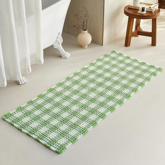 Waffle Runner Rug Bathroom, Long Boho Bathroom Rugs Non Slip Washable Absorbent Checkered Bathroom Mat Quick Dry Cute Bath Mat, 60"x24" Green and White