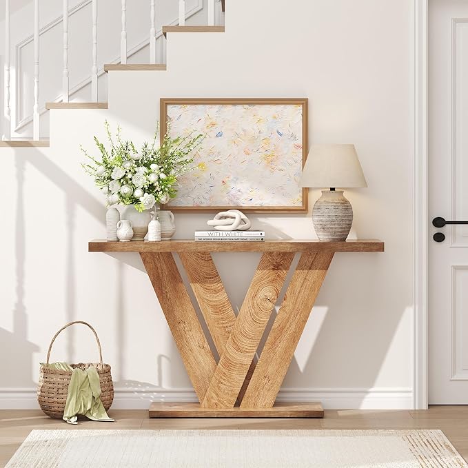 karlott 51 Inch Console Table, Farmhouse Entryway Table with V-Shaped, Wood Sofa Table Behind Couch Table, Narrow Entryway Accent Table for Living Room, Hallway, Entrance, Foyer, Brown