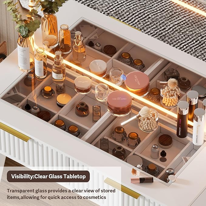 Makeup Vanity Desk with Mirror and Lights & Charging Station,Modern Glass Top Big Vanity Table with 5 Drawers,Sliding Storage Wall-Mounted Jewelry,3 Shelves for Bedroom,White