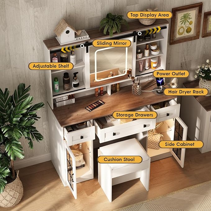 Fameill 45.5'' Farmhouse Makeup Vanity Desk with Sliding Mirror, Vanity Table with 3 Drawers and 2 Cabinets, Charging Station & LED Lights, Storage Shelves, Stool Included, Dressing Table for Bedroom