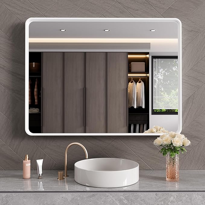 White Bathroom Mirror 40x30 Inch, White Metal Framed Bathroom Mirror for Wall, Rounded Rectangle Matte Bathroom Vanity Mirror, Tempered Glass, Anti-Rust, Horizontal/Vertical